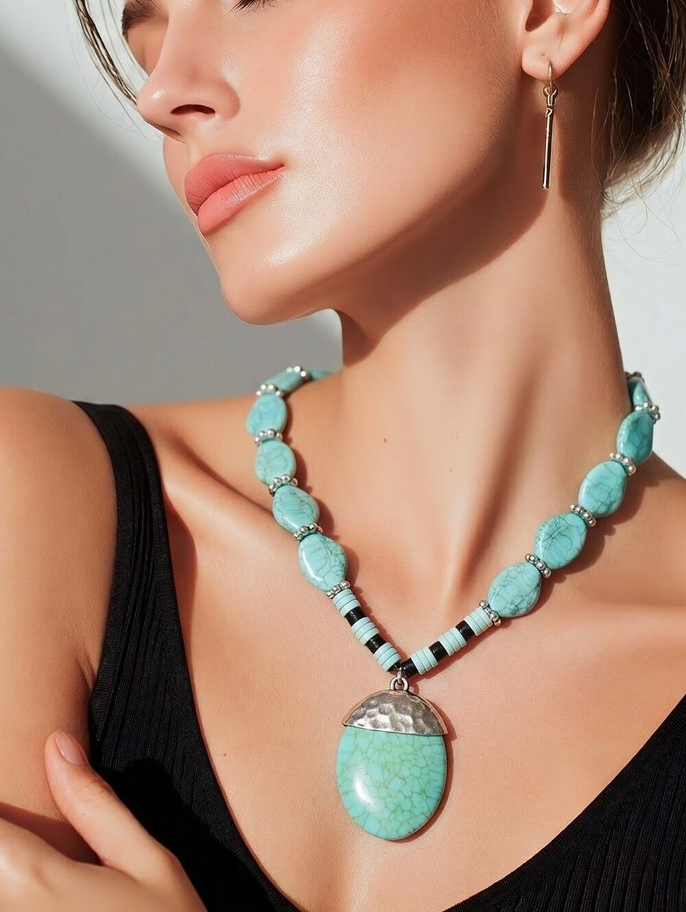 Chunky Turquoise Nugget Necklace Oval Pendant Western Boho Statement Southwest